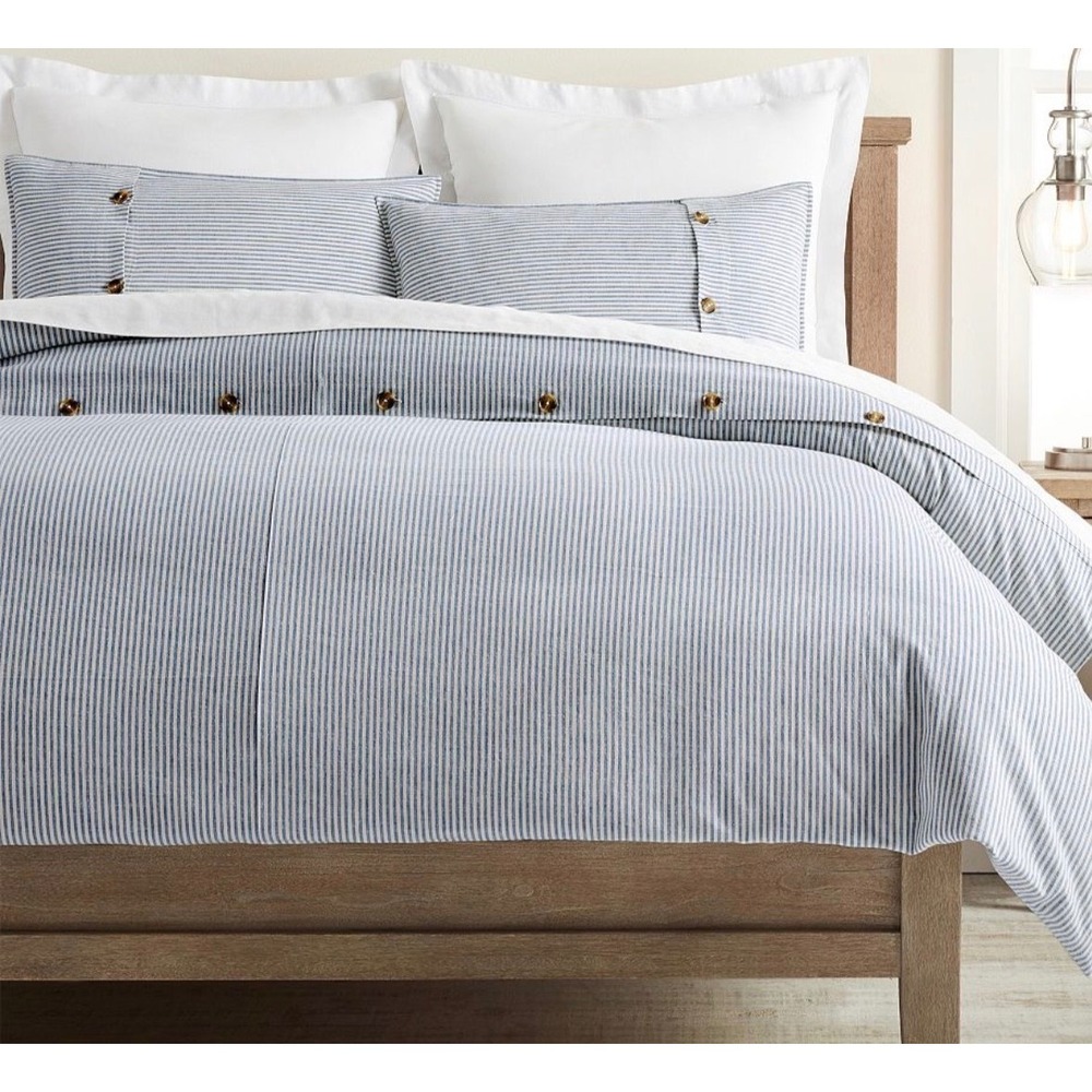 Pottery Barn Wheaton Striped Linen Cotton  Duvet Cover Blue White Full Queen